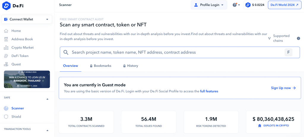 screen du site defi scanner pour analyser les smarts contracts